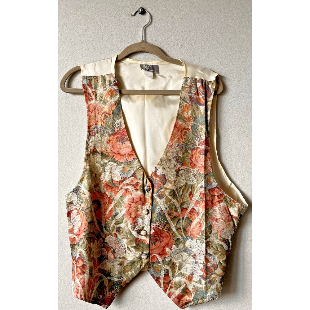 Floral Tapestry Vest Sz 18 Button Lined Tie Back JP Collections Cottage C21